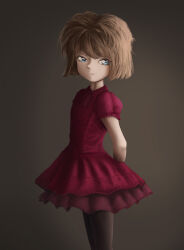 Rule 34 | 1girl, absurdres, arms behind back, black pantyhose, blue eyes, brown hair, closed mouth, cowboy shot, dress, feet out of frame, female focus, from side, haibara ai, highres, looking at viewer, meitantei conan, pantyhose, red dress, short hair, solo, standing, storm92