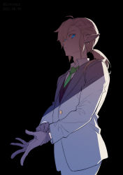 Rule 34 | 1boy, absurdres, adjusting clothes, adjusting gloves, alternate costume, black background, black vest, blonde hair, blue eyes, closed mouth, collared shirt, commentary request, dated, earrings, expressionless, formal, gloves, green necktie, hair between eyes, highres, jacket, jewelry, kariki hajime, link, long hair, long sleeves, looking at viewer, male focus, necktie, nintendo, pants, pointy ears, ponytail, purple gloves, purple jacket, purple pants, purple suit, putting on gloves, shadow, shirt, sideways glance, simple background, solo, standing, suit, the legend of zelda, twitter username, vest, watermark, white shirt