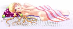 Rule 34 | 1girl, american flag, barefoot, bed, bed sheet, blonde hair, clownpiece, feet, flag print, flat chest, gradient eyes, hand to own mouth, hands up, hat, highres, hip focus, jester cap, knees up, long hair, looking at viewer, lying, multicolored eyes, navel, no headwear, no headwear, nude, on side, open mouth, orange eyes, pillow, purple eyes, shounen (hogehoge), solo, thighs, touhou, yellow eyes