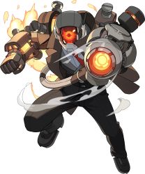 Rule 34 | 1boy, aiming, aiming at viewer, arm cannon, artist request, black footwear, black pants, black vest, brown coat, cable, clenched hand, clothed robot, coat, collared shirt, drone, explosion, formal, full body, glowing, glowing eyes, highres, humanoid robot, jumping, leg up, looking at viewer, male focus, necktie, non-web source, official art, one-eyed, pants, red eyes, red necktie, regis (world flipper), robot, screw, shirt, shoes, simple background, smoke, solo, spread legs, suit, transparent background, vest, weapon, white shirt, world flipper