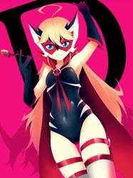 Rule 34 | 1girl, ahoge, arm up, armpits, black gloves, black leotard, blonde hair, blue eyes, cape, chiruru96, doronjo, gloves, leopard (yatterman), leotard, long hair, mask, pink background, red cape, simple background, smile, smoking pipe, solo, thigh gap, thigh strap, thighhighs, thighs, time bokan (series), white thighhighs, yatterman, yoru no yatterman
