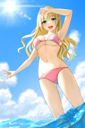Rule 34 | 1girl, :d, absurdres, arm up, armpits, bare arms, bare legs, bare shoulders, bikini, blonde hair, blue sky, blush, breasts, cloud, commentary request, day, gluteal fold, gonzz (gon2rix), green eyes, hand on forehead, highres, large breasts, lens flare, long hair, looking at viewer, medium breasts, navel, open mouth, original, outdoors, pink bikini, round teeth, sky, smile, standing, stomach, sun, swimsuit, teeth, underboob, upper teeth only, wading, water, wavy hair