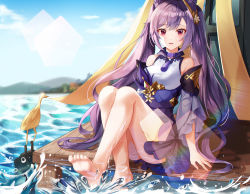 Rule 34 | 1girl, barefoot, blue skirt, cone hair bun, detached sleeves, frilled skirt, frills, genshin impact, hair bun, helawid, keqing (genshin impact), looking at viewer, open mouth, purple eyes, purple hair, sitting, skirt, solo, twintails, water