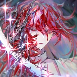 Rule 34 | 1other, androgynous, colored eyelashes, crystal hair, hair between eyes, highres, houseki no kuni, liquid metal, long hair, looking at viewer, other focus, padparadscha (houseki no kuni), parted lips, portrait, red eyes, red hair, shirt, solo, sparkle, tknife, uneven eyes, white shirt