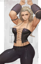 Rule 34 | 1girl, abs, arm guards, arms up, black pants, breasts, corset, dorohedoro, earrings, grey hair, jewelry, large breasts, long hair, looking at viewer, muscular, muscular female, nextoad, noi (dorohedoro), pants, red eyes, simple background, smile