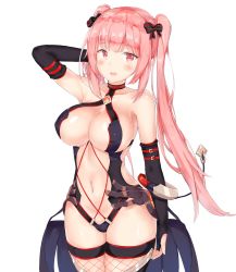 Rule 34 | 1girl, black bow, bluesy requiem, blush, bow, breasts, bridal gauntlets, cosplay, cowboy shot, fishnet thighhighs, fishnets, hair bow, highres, large breasts, long hair, looking at viewer, navel, open mouth, phantasy star, phantasy star online 2, pink eyes, pink hair, pointy ears, revealing clothes, simple background, solo, tail, thighhighs, tosaka teru, twintails, very long hair, white background