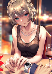 Rule 34 | 1girl, alcohol, blue eyes, blush, braid, breasts, brown hair, cleavage, commentary request, cup, dress, drinking glass, earrings, evening gown, green eyes, heterochromia, highres, holding hands, idolmaster, idolmaster cinderella girls, jewelry, medium breasts, mole, mole under eye, necklace, night, parted lips, piromizu, short hair, sidelocks, solo, sparkle, takagaki kaede, watch, window, wine, wine glass