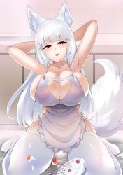 Rule 34 | 1girl, :p, animal ears, apron, armpits, arms behind head, arms up, blunt bangs, blush, bowl, breasts, collarbone, covered erect nipples, cream, food, fox ears, fox girl, fox tail, fruit, highres, large breasts, long hair, looking at viewer, messy, nearly naked apron, original, red eyes, sitting, smile, solo, strawberry, tail, thighhighs, tongue, tongue out, wariza, whisk, white apron, white hair, white thighhighs, xiaodi