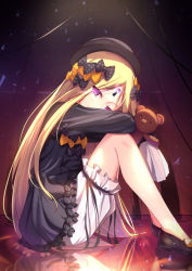 Rule 34 | 1girl, abigail williams (fate), black bow, black dress, black footwear, black hat, blonde hair, bloomers, bow, bug, butterfly, closed mouth, commentary request, dress, fate/grand order, fate (series), glowing, glowing eyes, hair bow, hands in opposite sleeves, hat, head tilt, holding, holding stuffed toy, insect, keyhole, long hair, long sleeves, looking at viewer, looking to the side, orange bow, parted bangs, polka dot, polka dot bow, purple eyes, reflection, revision, shoes, sitting, smile, solo, stuffed animal, stuffed toy, teddy bear, underwear, very long hair, white bloomers, yan (nicknikg)