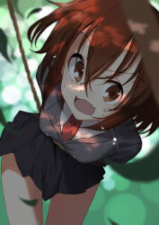 Rule 34 | 1girl, absurdres, arms behind back, bdsm, bondage, bound, bound arms, breasts, brown eyes, brown hair, highres, kill me baby, kootee-on, leaf, legs, open mouth, oribe yasuna, restrained, rope, school uniform, short hair, skirt, small breasts, solo, sweat