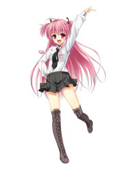 Rule 34 | 10s, 1girl, alternate costume, angel beats!, arm up, asa no ha (awayuki), boots, choker, cross-laced footwear, dress shirt, fang, hair ornament, long hair, necktie, pink eyes, pink hair, shirt, short twintails, skirt, smile, solo, thigh boots, thighhighs, twintails, two side up, yui (angel beats!)