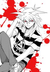 Rule 34 | 1boy, blood, blood splatter, commentary request, crossed legs, highres, long hair, looking at viewer, male focus, millennium ring, pants, red eyes, shirt, smile, solo, spot color, striped clothes, striped shirt, yagamikan, yami bakura, yu-gi-oh!, yu-gi-oh! duel monsters