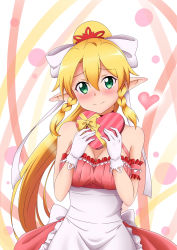 Rule 34 | 1girl, apron, arm scrunchie, back bow, bare shoulders, blonde hair, blush, bow, box, box of chocolates, braid, breasts, chocolate, choker, cleavage, commentary request, cowboy shot, dress, frilled apron, frilled dress, frills, gift, gloves, green eyes, hair between eyes, hair bow, hair ribbon, heart-shaped box, highres, holding, holding gift, ken-ji, large breasts, leafa, long hair, looking at viewer, pink choker, pink dress, pointy ears, ponytail, ribbon, sidelocks, sleeveless, sleeveless dress, smile, solo, sword art online, twin braids, valentine, very long hair, waist apron, white apron, white bow, white gloves