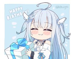 Rule 34 | 1girl, ahoge, amatsuka uto, aqua hair, blue hair, blue ribbon, blush, border, choker, closed eyes, colored tips, commentary, dress, english commentary, gift, grin, hair ornament, hairclip, happy birthday, indie virtual youtuber, kukie-nyan, light blue hair, multicolored hair, off-shoulder dress, off shoulder, ribbon, ribbon choker, shoulder strap, smile, twitter username, two side up, virtual youtuber, white border, white dress, white ribbon, wing hair ornament