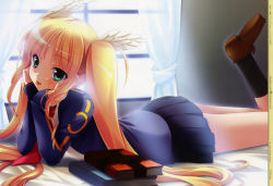 Rule 34 | 00s, 1girl, 2008, absurdres, alfhild tranen, bed, bedroom, black skirt, black socks, blonde hair, blue jacket, blush, book, brown footwear, curtains, dated, dengeki hime, green eyes, head rest, highres, jacket, june, long hair, long sleeves, looking at viewer, lying, prawf clwyd, puffy sleeves, school uniform, shakunage, shirt, shoes, skirt, smile, socks, solo, souryuu (double dragon), tongue, tongue out, twintails, white shirt, window, wing hair ornament