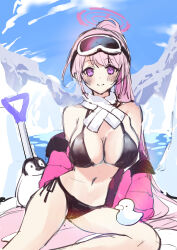Rule 34 | 1girl, absurdres, animal, bikini, bird, black bikini, blue archive, blush, breasts, cleavage, closed mouth, cloud, day, eimi (blue archive), eimi (swimsuit) (blue archive), goggles, goggles on head, halo, highres, jacket, large breasts, long hair, looking at viewer, navel, official alternate costume, open clothes, open jacket, outdoors, penguin, pink hair, pink jacket, ponytail, purple eyes, scarf, shan (ti0n), shovel, sideboob, sitting, sketch, sky, solo, stomach, swimsuit, very long hair, white scarf