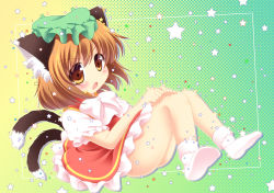 Rule 34 | 1girl, animal ears, ass, bobby socks, bow, brown eyes, brown hair, cat ears, cat tail, chen, ear piercing, earrings, hat, jewelry, lying, mob cap, multiple tails, nekomata, no panties, on back, open mouth, piercing, pila-pela, puffy short sleeves, puffy sleeves, shirt, short sleeves, single earring, skirt, skirt set, socks, solo, star (symbol), tail, touhou, vest