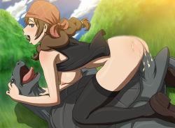Rule 34 | 1girl, ass, bare shoulders, bestiality, black shirt, black thighhighs, blush, bottomless, breasts, brown footwear, brown hair, cloud, cowgirl position, cum, cum in pussy, dutch angle, from side, girl on top, grass, grey eyes, hanging breasts, happy sex, interspecies, large breasts, looking at viewer, moaning, motion blur, nature, nipples, no bra, open clothes, open shirt, outdoors, penis, sasako (shirokuma cafe), sex, shirokuma cafe, shirt, skindentation, sky, sleeveless, sleeveless shirt, smile, straddling, thighhighs, tongue, tongue out, toyomaru, turtle, vaginal, vest