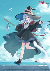 1girl absurdres azuuru bird black_coat black_footwear black_hat black_skirt broom cloud cloudy_sky coat cover cover_image elaina_(majo_no_tabitabi) full_body grey_hair hair_between_eyes hat highres holding holding_broom long_coat long_sleeves looking_at_viewer majo_no_tabitabi novel_illustration official_art open_mouth outdoors seagull shirt skirt sky sleeveless sleeveless_shirt smile solo standing standing_on_one_leg white_shirt witch_hat