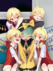 Rule 34 | 1girl, 4boys, :d, ascot, blonde hair, blush, buttons, closed eyes, collar, commentary, couch, crystal, diamond button, fang, flandre scarlet, four of a kind (touhou), frilled collar, frilled sleeves, frills, full-face blush, genderswap, genderswap (ftm), green hair, hair between eyes, hair ribbon, heart, heart-shaped pupils, hetero, highres, komeiji koishi, long sleeves, looking at another, multiple boys, one side up, open mouth, pointy ears, red eyes, red ribbon, ribbon, shirt, short hair, short sleeves, smile, symbol-shaped pupils, tongue, tongue out, touhou, vuluhappy, wide sleeves, wings, yellow ascot, yellow shirt