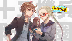 1boy 2girls amiguchi_shuu blonde_hair braid brown_hair collared_shirt controller gakuran game_controller glasses handheld_game_console holding holding_controller holding_game_controller holding_handheld_game_console jacket joy-con juusan_kihei_bouei_ken kisaragi_tomi long_hair miero multiple_girls neckerchief nintendo_switch open_clothes open_jacket pleated_skirt purple_neckerchief red-framed_eyewear sailor_collar school_uniform serafuku shirt skirt twin_braids white_hair yakushiji_megumi