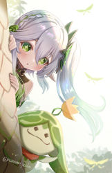 Rule 34 | 1girl, 1other, arama (genshin impact), aranara (genshin impact), arm up, artist name, bare shoulders, black eyes, blush, braid, bug, bush, butterfly, butterfly wings, closed mouth, colored skin, commentary request, detached sleeves, flower, flower-shaped pupils, flying, genshin impact, green eyes, green flower, green skin, grey hair, hair between eyes, hair ornament, hand up, hands up, highres, insect, insect wings, leaf, long hair, looking at viewer, nahida (genshin impact), nanamo yado, open mouth, parted lips, peeking out, pointy ears, short sleeves, side ponytail, sidelocks, simple background, single braid, smile, symbol-shaped pupils, tree, white background, wide sleeves, wings