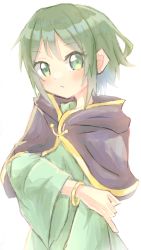 Rule 34 | 1girl, aquamarinu, blush, bracelet, capelet, evillious nendaiki, grabbing own arm, green eyes, green hair, green robe, grey capelet, gumi, gumillia, highres, jewelry, looking at viewer, robe, serious, sidelocks, vocaloid, wavy hair, wide sleeves, witch