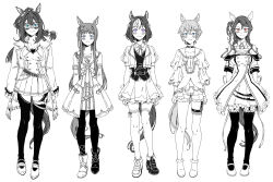 Rule 34 | 5girls, animal ears, aqua eyes, armband, arms at sides, asymmetrical footwear, belt, blue eyes, blush, boots, bow, bracelet, breasts, cleavage, closed mouth, coat, coat on shoulders, collared dress, collared shirt, dress, ear bow, el condor pasa (umamusume), fang, fang out, flat chest, golden generation (umamusume), grass wonder (umamusume), greyscale, highres, horse ears, horse girl, horse tail, jacket, jewelry, king halo (umamusume), long hair, long sleeves, medium breasts, mismatched footwear, monochrome, multiple girls, neck ribbon, off-shoulder jacket, off shoulder, one side up, oo sungnim, open clothes, open jacket, orange eyes, ponytail, purple eyes, ribbon, seiun sky (umamusume), shirt, short hair, short shorts, short sleeves, shorts, skin fang, skirt, sleeveless, sleeveless dress, small breasts, special week (umamusume), spot color, straight-on, strappy heels, tail, thigh strap, thighhighs, umamusume, vest