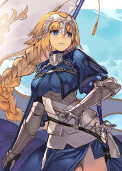 Rule 34 | 1girl, absurdres, alwaysregg, armor, armored dress, blonde hair, blue capelet, blue dress, blue eyes, blue sky, braid, braided ponytail, capelet, chain, commentary request, dress, fate/apocrypha, fate/grand order, fate (series), flag, floating hair, gauntlets, grin, headpiece, highres, holding, holding flag, holding polearm, holding weapon, jeanne d&#039;arc (fate), jeanne d&#039;arc (ruler) (fate), long hair, looking to the side, pelvic curtain, plackart, polearm, sky, smile, solo, very long hair, weapon, white flag