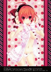 Rule 34 | 1girl, absurdres, ahoge, bare shoulders, blush, bow, bow panties, breasts, cleavage, groin, hair bow, headphones, highres, large breasts, looking at viewer, navel, nemuri nemu, no bra, open clothes, orange hair, original, panties, polka dot, polka dot background, red eyes, solo, thighhighs, translation request, underwear, white panties, wrist cuffs