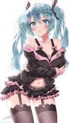 Rule 34 | 1girl, aqua eyes, aqua hair, bare shoulders, black bra, black shirt, black skirt, black thighhighs, blouse, blush, bra, butterfly hair ornament, commentary, contrapposto, cowboy shot, crossed arms, frilled skirt, frills, garter straps, hair ornament, hatsune miku, honey whip (module), lace trim, layered skirt, long hair, looking at viewer, miniskirt, nail polish, navel, off-shoulder shirt, off shoulder, project diva (series), red nails, shirt, shirubaa, sidelighting, signature, skindentation, skirt, solo, sweet devil (vocaloid), thighhighs, twintails, underwear, vocaloid, white background