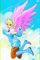 Rule 34 | 1girl, blonde hair, blue footwear, boots, breasts, breath of fire, breath of fire iv, brooch, cloud, dress, earrings, feathered wings, flying, full body, hairband, jewelry, knee boots, looking at viewer, medium breasts, nina (breath of fire iv), oko (ocotaros), open mouth, pantyhose, short hair, skirt, smile, solo, very short hair, wings