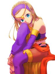 Rule 34 | 1girl, arabian clothes, bare shoulders, blonde hair, blue eyes, bridal gauntlets, brown pantyhose, choker, circlet, closed mouth, collarbone, dragon quest, dragon quest xi, earrings, eyelashes, hair slicked back, hairband, highres, jewelry, leggings, long hair, looking at viewer, moyamu, pantyhose, purple choker, purple hairband, purple pantyhose, sandals, senya (dq11), simple background, sitting, smile, solo, straight hair, white background