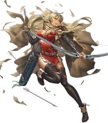 Rule 34 | 1girl, arrow (projectile), belt, black footwear, black gloves, blonde hair, boots, bow (weapon), breasts, cape, cleavage, cuboon, dark-skinned female, dark skin, dress, elbow gloves, female focus, fingerless gloves, fire emblem, fire emblem: the binding blade, fire emblem heroes, full body, gloves, highres, holding, holding bow (weapon), holding weapon, igrene (fire emblem), large breasts, lips, lipstick, long hair, makeup, matching hair/eyes, mole, mole under eye, nintendo, official art, quiver, red dress, red lips, shiny skin, short dress, sleeveless, sleeveless dress, solo, thigh boots, thighhighs, torn clothes, transparent background, weapon, yellow eyes, zettai ryouiki