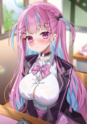 Rule 34 | 1girl, absurdres, ahoge, black bow, black choker, blue hair, blurry, blurry background, blush, bow, bowtie, braid, breasts, button gap, chalkboard, chierishu, choker, classroom, commentary, crown braid, day, hair bow, hair ornament, hairclip, highres, hololive, indoors, jacket, jewelry, large breasts, light blue hair, long hair, long sleeves, looking at viewer, minato aqua, minato aqua (school uniform), multicolored hair, necklace, o-ring, o-ring choker, open clothes, open jacket, parted lips, pink bow, pink bowtie, pink eyes, pink hair, pink skirt, plaid, plaid bow, plaid bowtie, plaid skirt, shirt, skirt, solo, streaked hair, two-tone hair, two side up, virtual youtuber, white shirt, wing collar