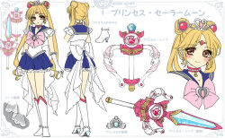 Rule 34 | 1girl, alternate eye color, artist name, bishoujo senshi sailor moon, blonde hair, blue sailor collar, blue skirt, boots, bow, brooch, brown eyes, character name, character sheet, choker, earrings, hair ornament, hairpin, heart, heart brooch, jewelry, knee boots, long hair, looking at viewer, magical girl, multiple persona, multiple views, pink bow, pretty guardian sailor moon, princess sailor moon, princess sword, red choker, sailor collar, sailor moon, shirataki kaiseki, skirt, smile, standing, tsukino usagi, twintails, white background, white bow, white footwear