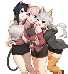 Rule 34 | 3girls, :d, ;d, akizone, animal ears, bare shoulders, black choker, black shirt, black shorts, black skirt, blue eyes, blush, breasts, cat ears, cat girl, cat tail, choker, collared shirt, fang, final fantasy, final fantasy xiv, grey hair, grey shirt, highres, hood, hood down, hooded jacket, jacket, large breasts, long hair, multiple girls, off shoulder, one eye closed, open clothes, open jacket, open mouth, orange eyes, orange thighhighs, red eyes, red jacket, shirt, shirt tucked in, shorts, skirt, smile, tail, thighhighs, warrior of light (ff14)