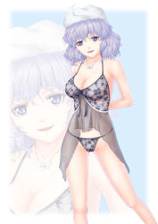 Rule 34 | 1girl, absurdres, babydoll, bare shoulders, black panties, blue eyes, breasts, cleavage, female focus, hat, highres, jewelry, large breasts, letty whiterock, light purple hair, lingerie, navel, nazal, necklace, negligee, panties, see-through, short hair, solo, touhou, underwear, underwear only, zoom layer