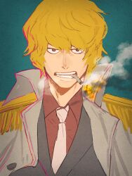 Rule 34 | 1boy, blonde hair, cigarette, coat, coat on shoulders, collared coat, donquixote rocinante, epaulettes, grey jacket, jacket, looking at viewer, male focus, necktie, one piece, parted lips, potechi norisio, short hair, simple background, smoke, smoking, solo, wing collar