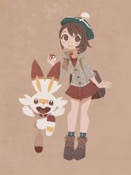 Rule 34 | 1girl, backpack, bag, blush stickers, boots, brown bag, brown eyes, brown footwear, brown hair, buttons, cardigan, collared dress, commentary request, creatures (company), dress, game freak, gen 8 pokemon, gloria (pokemon), green headwear, green legwear, grey cardigan, happy, hat, highres, holding, holding poke ball, hooded cardigan, hyogonosuke, nintendo, plaid, plaid legwear, poke ball, poke ball (basic), pokemon, pokemon (creature), pokemon swsh, red dress, scorbunny, short hair, smile, socks, swept bangs, tam o&#039; shanter