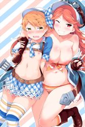Rule 34 | 1boy, 1girl, adapted costume, arm around shoulder, bad id, bad pixiv id, belt, bikini, blush, boots, breasts, brown gloves, brown hair, clothes lift, cosplay, crossdressing, curvy, fingerless gloves, front-tie top, gloves, granblue fantasy, grin, hat, kimi to boku no mirai, large breasts, long hair, looking at viewer, mary (granblue fantasy), mary (granblue fantasy) (cosplay), multiple girls, navel, nipple slip, nipples, open mouth, orange eyes, orange hair, plaid, plaid skirt, pleated skirt, rca, shirt lift, short hair, skirt, smile, striped bikini, striped clothes, striped thighhighs, suiiru (granblue fantasy), swimsuit, thighhighs, top pull, trap, v, wavy mouth, wide hips, wings, yellow eyes