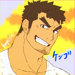Rule 34 | 1boy, bara, brown hair, chest hair, close-up, facial hair, kouyas 125, long sideburns, looking at viewer, male focus, mature male, muscular, muscular male, pectoral cleavage, pectorals, portrait, short hair, sideburns, smile, solo, stubble, takabushi kengo, thick eyebrows, tokyo houkago summoners
