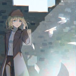 Rule 34 | 1girl, bird, blonde hair, blue eyes, brick wall, brown coat, brown pants, chromatic aberration, coat, deerstalker, dolphenry, dove, hat, hololive, hololive english, light rays, pants, paper, solo, sweater, virtual youtuber, watson amelia