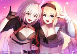 Rule 34 | 2girls, :d, \m/, ahoge, arm grab, bikini, black bikini, black gloves, black hairband, blonde hair, blue eyes, blue hoodie, braid, breasts, cleavage, commentary request, dolce (dolsuke), fate/grand order, fate (series), gloves, hairband, hood, hood down, hoodie, jeanne d&#039;arc alter (swimsuit berserker) (fate), jeanne d&#039;arc (fate), jeanne d&#039;arc (ruler) (fate), jeanne d&#039;arc (swimsuit archer) (fate), jeanne d&#039;arc (swimsuit archer) (first ascension) (fate), jeanne d&#039;arc alter (fate), jeanne d&#039;arc alter (swimsuit berserker) (fate), large breasts, leaning forward, long braid, long hair, multiple girls, o-ring, o-ring bikini, o-ring bottom, o-ring top, open mouth, shrug (clothing), silver hair, single braid, smile, sparkle, swimsuit, thigh strap, very long hair, wading, water, yellow eyes