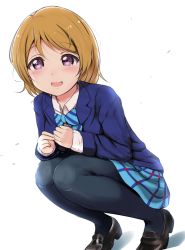 Rule 34 | 1girl, :d, ankoiri, black pantyhose, blazer, blue bow, blue bowtie, blue jacket, blue skirt, blush, bow, bowtie, brown hair, highres, jacket, knees to chest, koizumi hanayo, legs together, loafers, long sleeves, looking at viewer, love live!, love live! school idol project, open mouth, pantyhose, pink eyes, plaid, plaid skirt, purple eyes, school uniform, shoes, short hair, simple background, skirt, smile, solo, squatting, striped bow, striped bowtie, striped clothes, striped neckwear, swept bangs, tareme, white background