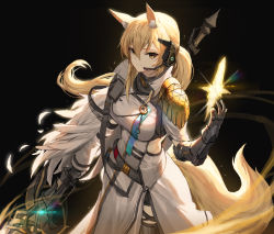 Rule 34 | 1girl, absurdres, animal ear fluff, animal ears, arknights, armor, black background, blonde hair, breasts, cowboy shot, dress, hand up, headset, highres, holding, holding weapon, horse ears, horse girl, horse tail, long hair, looking at viewer, medium breasts, molyb, nearl (arknights), nearl the radiant knight (arknights), official alternate costume, pauldrons, shoulder armor, simple background, smile, solo, standing, tail, weapon, white dress, yellow eyes
