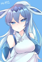 Rule 34 | 1girl, animal ears, bare shoulders, blue background, blue eyes, blue hair, blue hairband, blue theme, breasts, closed mouth, creatures (company), detached sleeves, eyebrows, eyelashes, eyes visible through hair, frown, game freak, gen 4 pokemon, glaceon, hair between eyes, hairband, high ponytail, long hair, long sleeves, medium breasts, multicolored hair, nintendo, ougi hina, personification, pokedex number, pokemon, simple background, solo, upper body, v-shaped eyebrows, wide sleeves