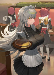 Rule 34 | 3girls, absurdres, alcohol, alternate costume, apron, back bow, beer, black dress, bow, breasts, cup, dress, enmaided, fate/extra, fate/grand order, fate (series), food, fox tail, frilled apron, frills, grey hair, highres, holding, holding cup, holding food, hood (james x), indoors, jeanne d&#039;arc (fate), jeanne d&#039;arc alter (avenger) (fate), jeanne d&#039;arc alter (fate), large breasts, long hair, long sleeves, maid, maid apron, maid headdress, mash kyrielight, multiple girls, profile, purple hair, red bow, short hair, solo focus, tail, tamamo (fate), tamamo no mae (fate/extra), very long hair, waist apron, white apron, yellow eyes