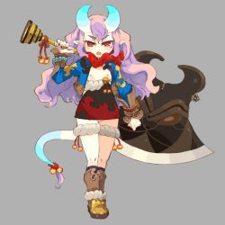 Rule 34 | 1girl, axe, bell, boots, flat chest, horns, jingle bell, mota, nipples, no panties, open clothes, open mouth, original, pointy ears, purple hair, pussy, red eyes, simple background, solo, tail, weapon