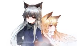 Rule 34 | 2girls, animal ears, bad id, bad pixiv id, black bow, blonde hair, blue jacket, bow, brown eyes, closed mouth, commentary, dokomon, ezo red fox (kemono friends), fox ears, fur-trimmed sleeves, fur trim, grey hair, hair between eyes, hand on own hip, highres, jacket, kemono friends, long hair, long sleeves, multiple girls, red jacket, silver fox (kemono friends), simple background, very long hair, white background, white bow